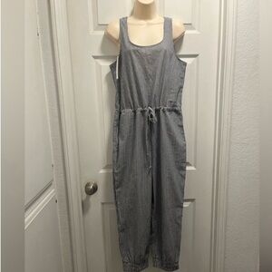 Anthropologie DREW Navy and Ivory Striped Cotton Jogger Jumpsuit Pockets-MED-NWT